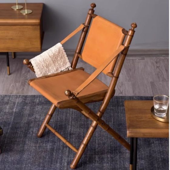 本革×天然木製　高級レザー折りたたみ椅子