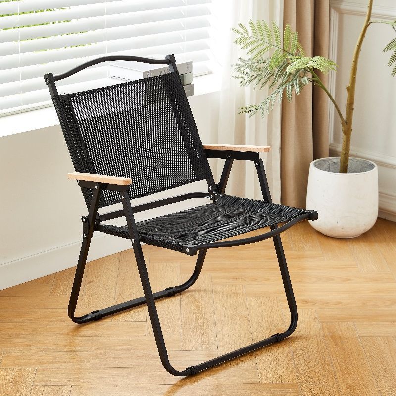 折りたたみ椅子 木製肘掛け付き通気性メッシュ折りたたみ椅子