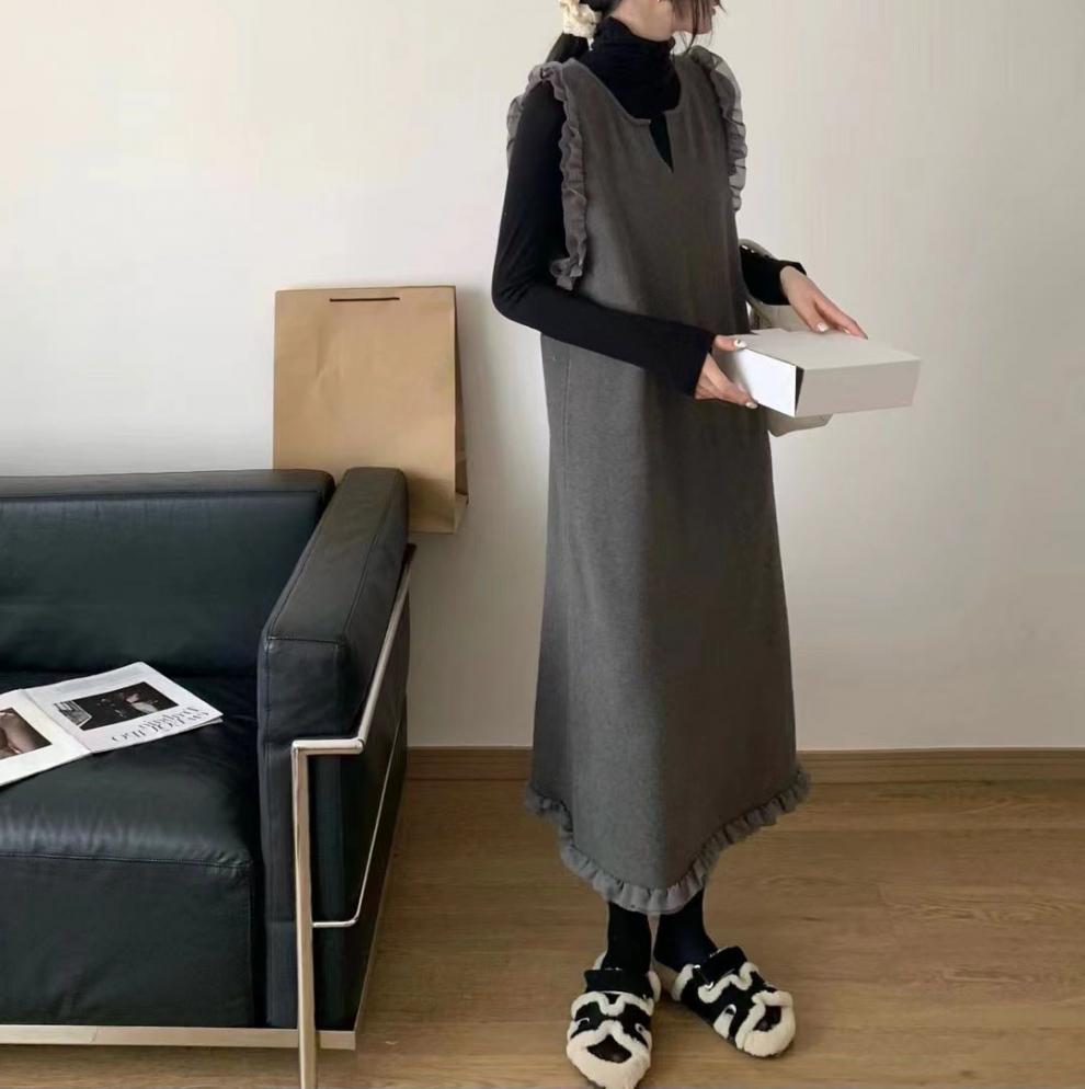 フリル付きジャンパースカート風ワンピース可愛いロング丈重ね着風