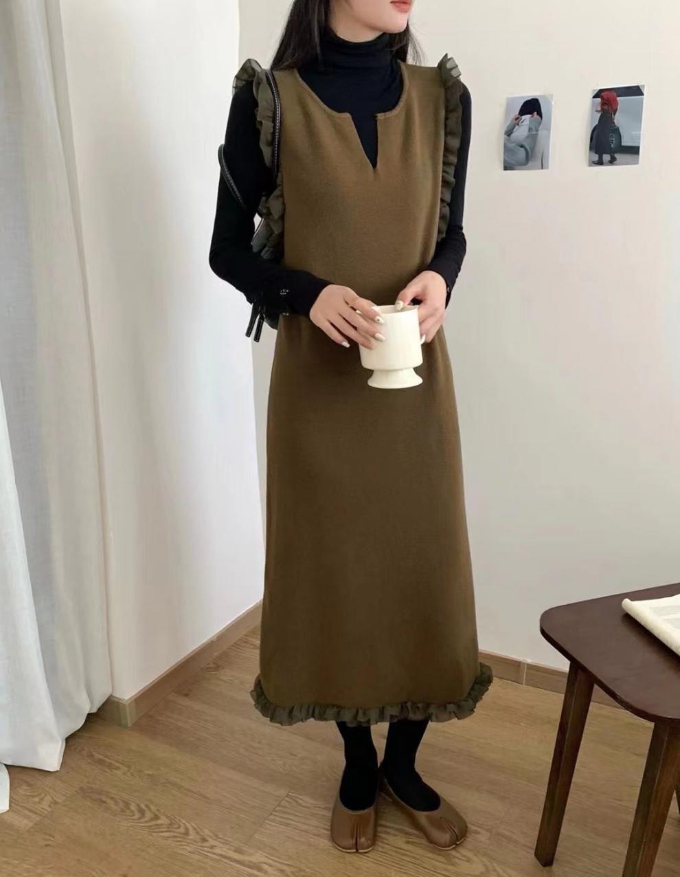フリル付きジャンパースカート風ワンピース可愛いロング丈重ね着風