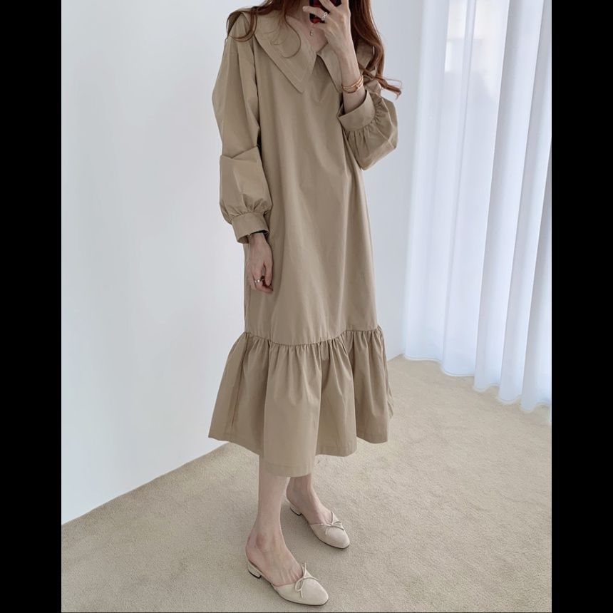 襟付き袖フリルワンピース