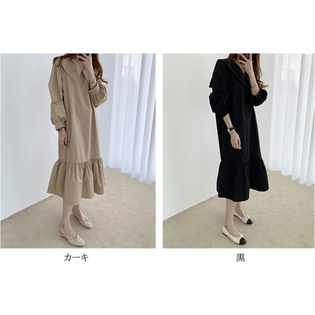 襟付き袖フリルワンピース
