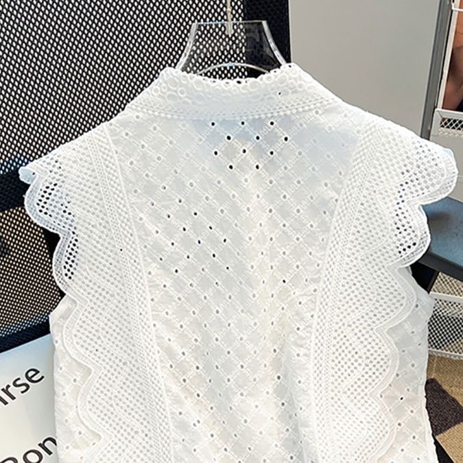 刺繍フリル袖ブラウス 透かし編みレース襟付き