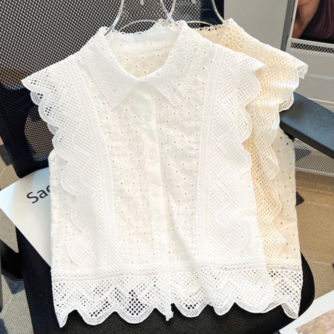 刺繍フリル袖ブラウス 透かし編みレース襟付き