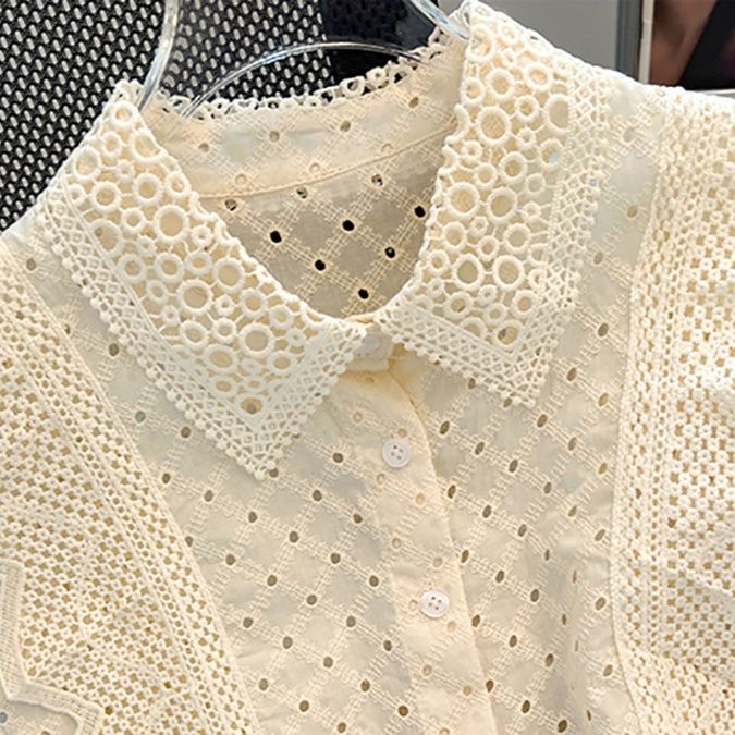 刺繍フリル袖ブラウス 透かし編みレース襟付き