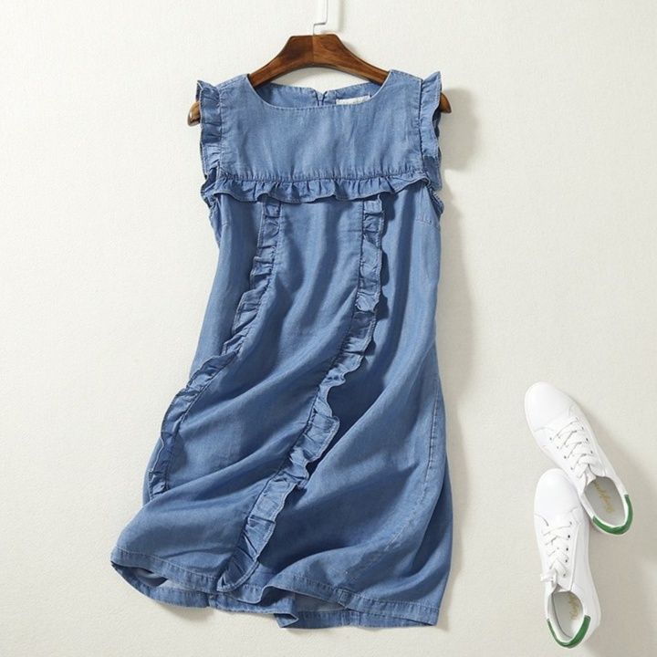 フリルワンピース切替デニム調ノースリーブ