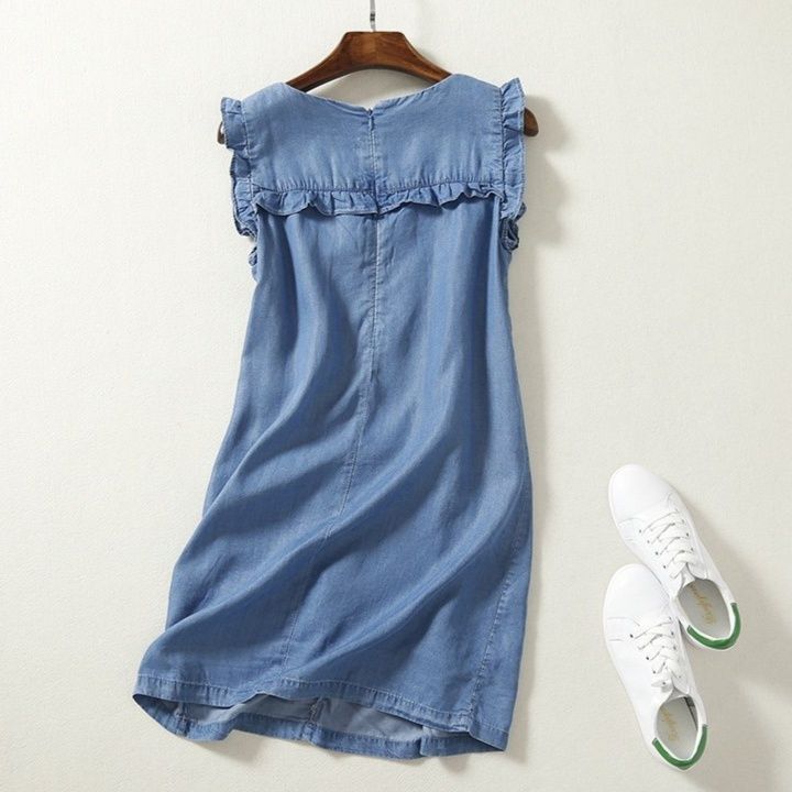 フリルワンピース切替デニム調ノースリーブ