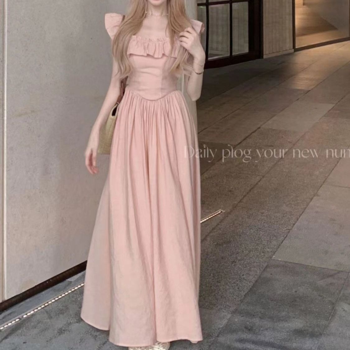 フリル 胸元フリル袖ギャザー切替ロング丈ワンピース