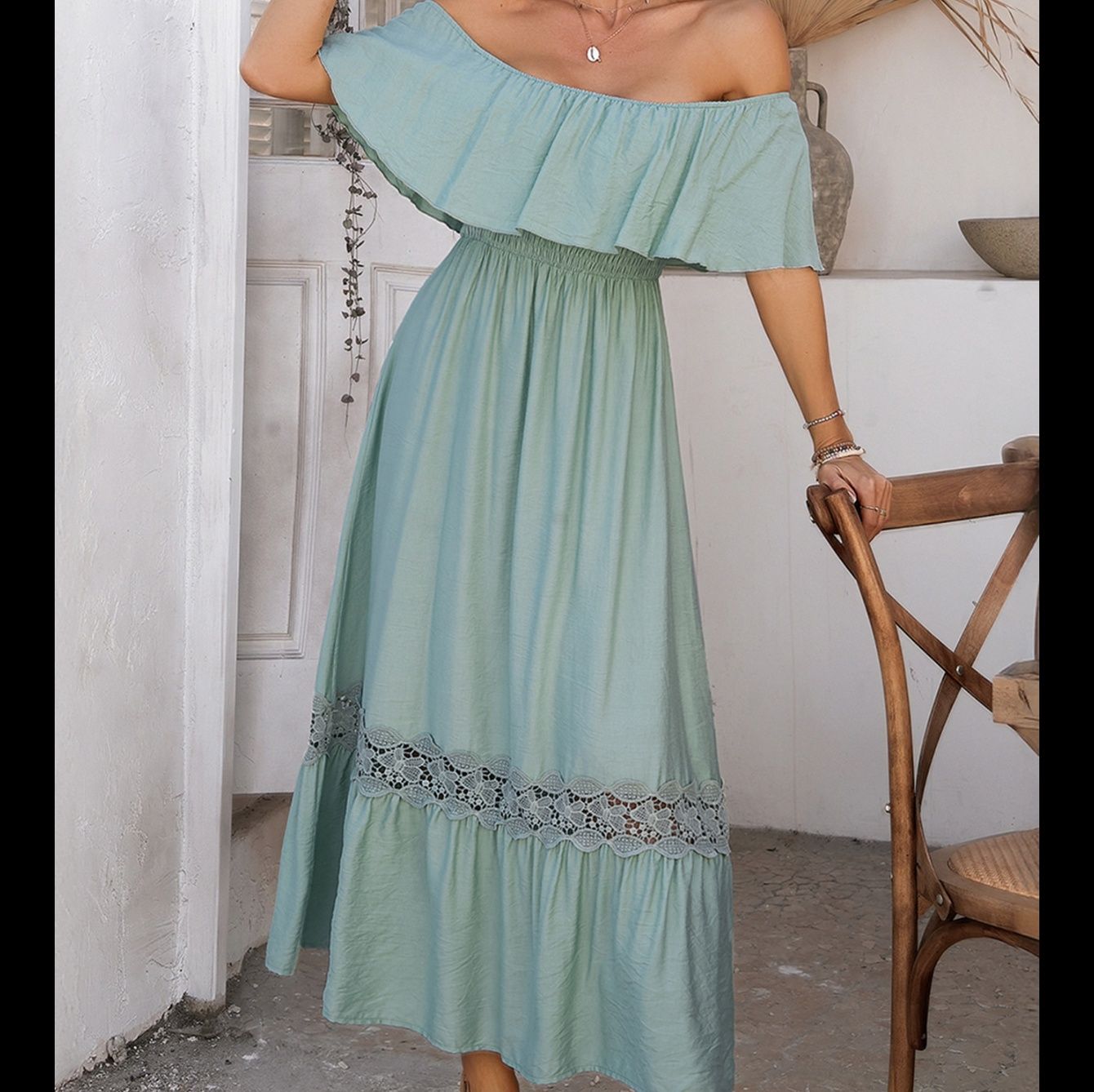 フリル オフショルダーフリルロングワンピース