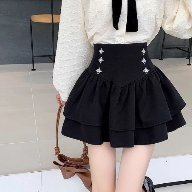 フリル ビジュー付きハイウエスト二段ティアードミニスカート