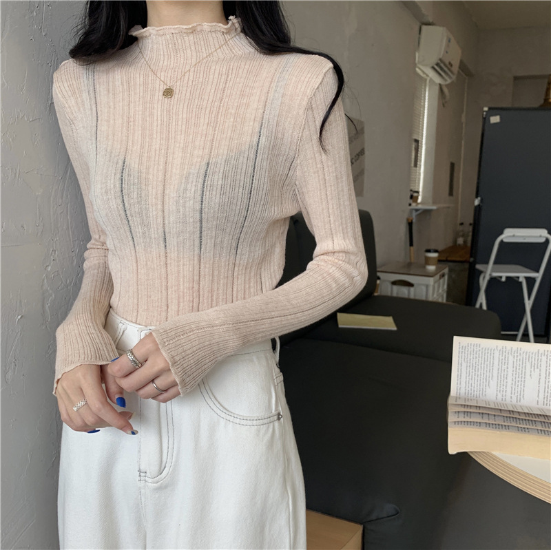 新作レディース透け感ニットブラウス高襟フリル袖