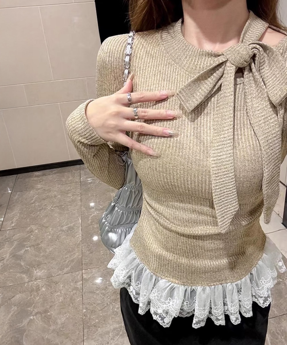 リボンネックリブニット