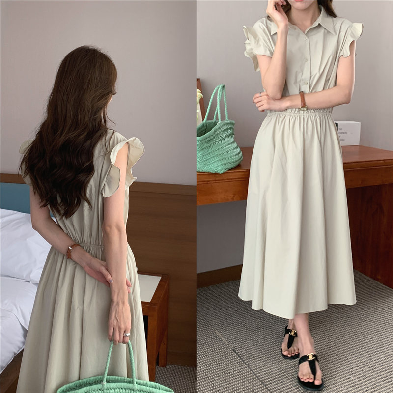 フリル 袖フリル襟付きウエストギャザーワンピース