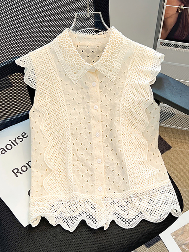 刺繍フリル袖ブラウス 透かし編みレース襟付き