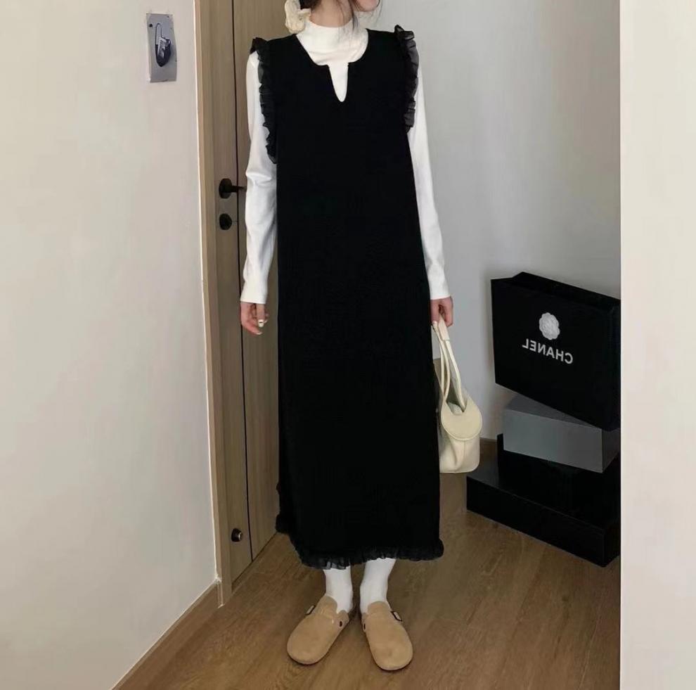 フリル付きジャンパースカート風ワンピース可愛いロング丈重ね着風