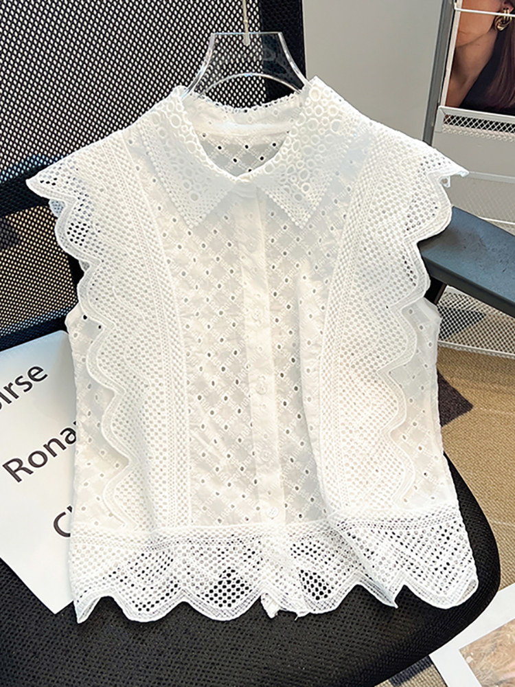 刺繍フリル袖ブラウス 透かし編みレース襟付き