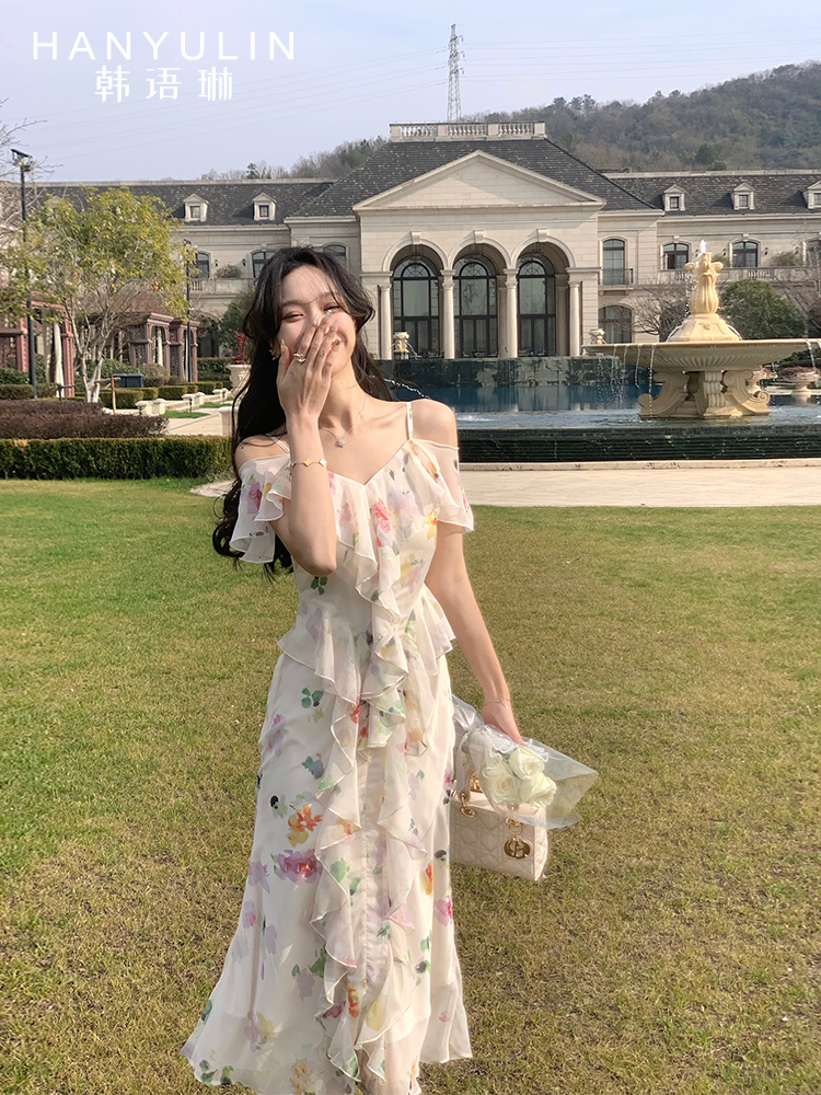 フラワーフリルロングワンピース