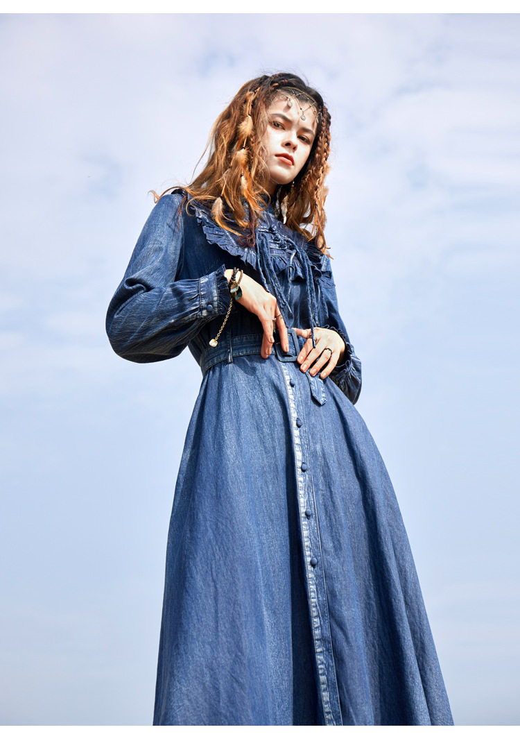 襟元フリルデニム生地長袖ベルト付きワンピース