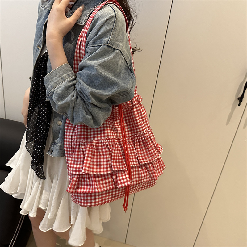 フリルギンガムチェック柄ティアード巾着バッグ