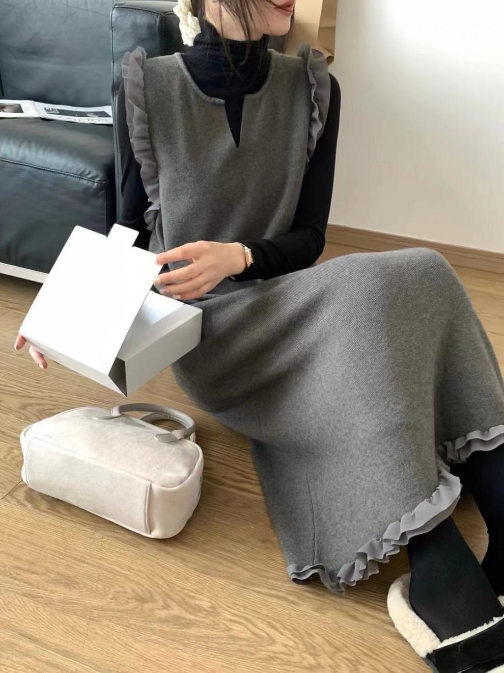 フリル付きジャンパースカート風ワンピース可愛いロング丈重ね着風