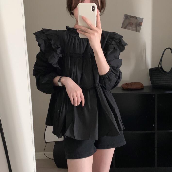 フリル袖ブラウス長袖シャツ秋新作日系レディース服