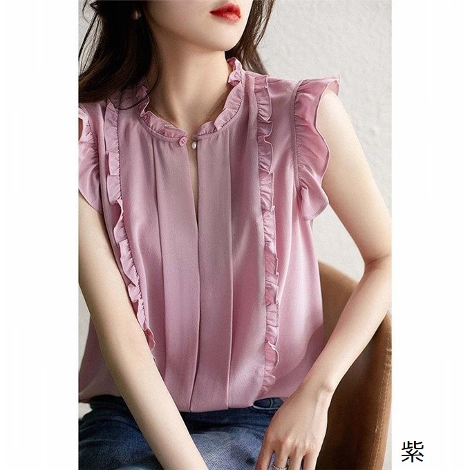 上品フリル袖なしブラウス夏新作