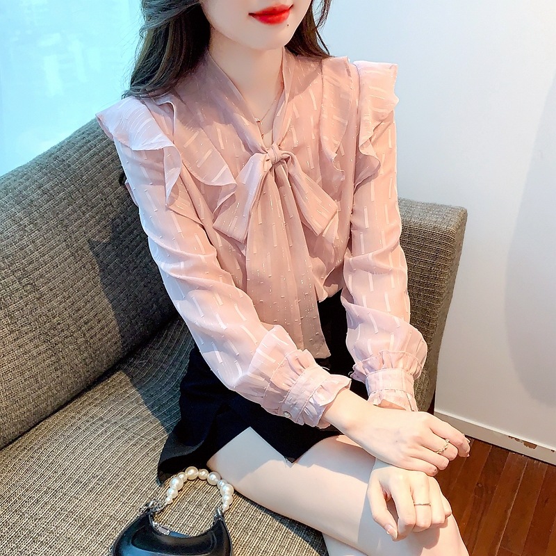 フリル 大きなリボンタイ付き透け感シャツ