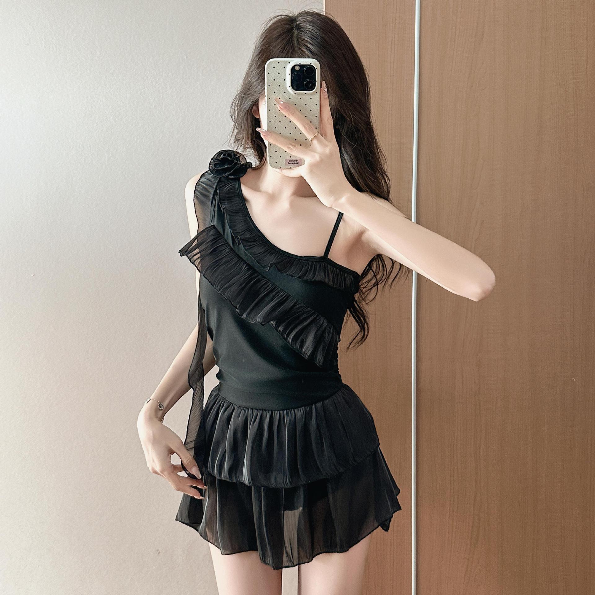 肩リボン付きワンショルダーティアードフリル水着