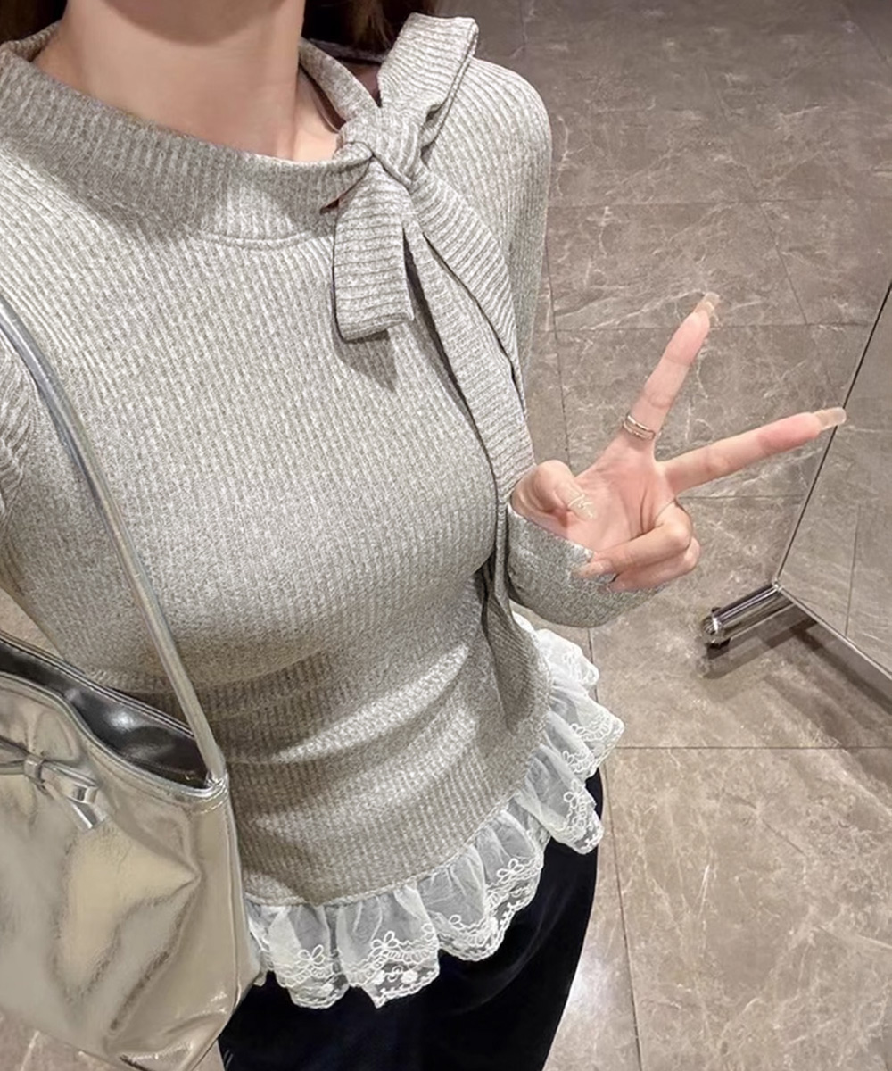 リボンネックリブニット