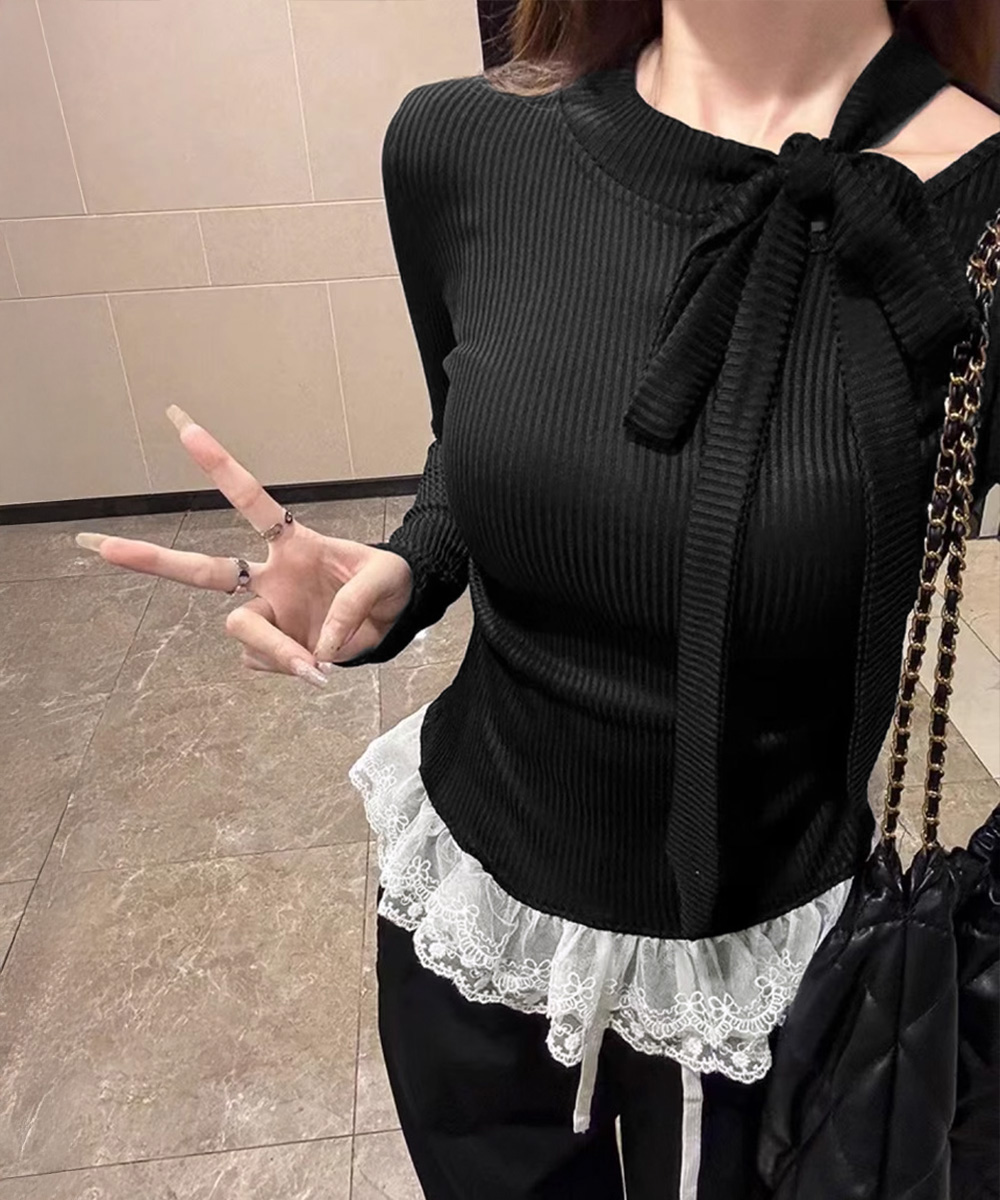 リボンネックリブニット
