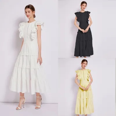 フリル袖ティアードロングワンピース 上品
