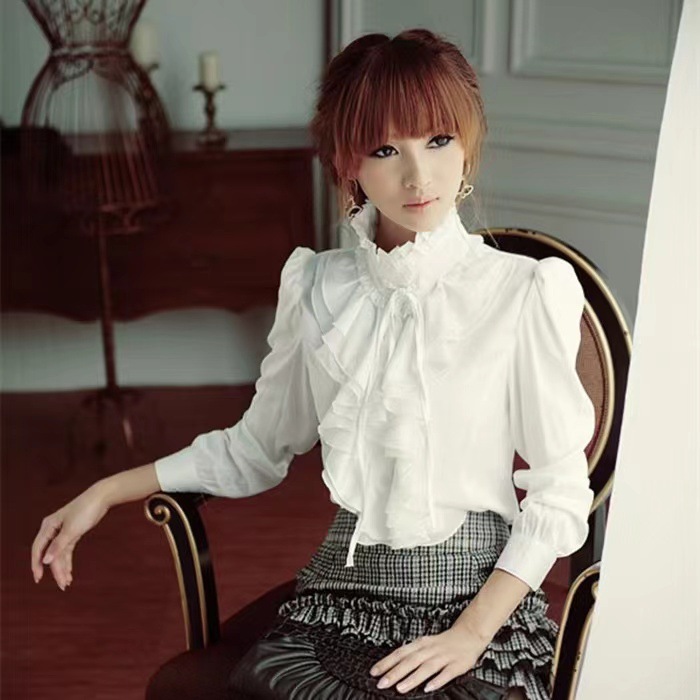 フリルシャツ 襟元リボン付き長袖