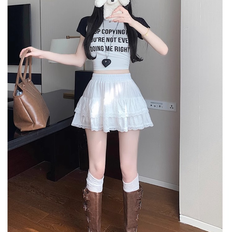 フリル 二段ティアード刺繍レース付きミニスカート
