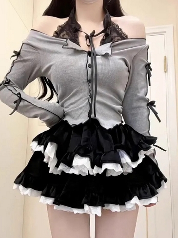 フリルスカート ハイウェスト ミニ丈 黒白段フリル エー型