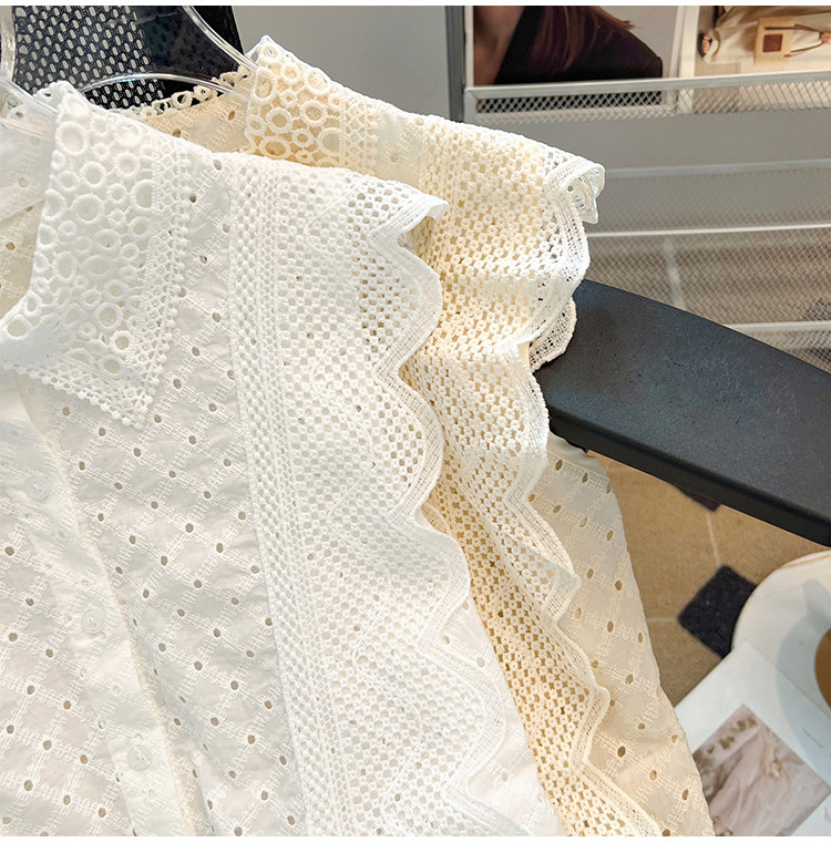刺繍フリル袖ブラウス 透かし編みレース襟付き