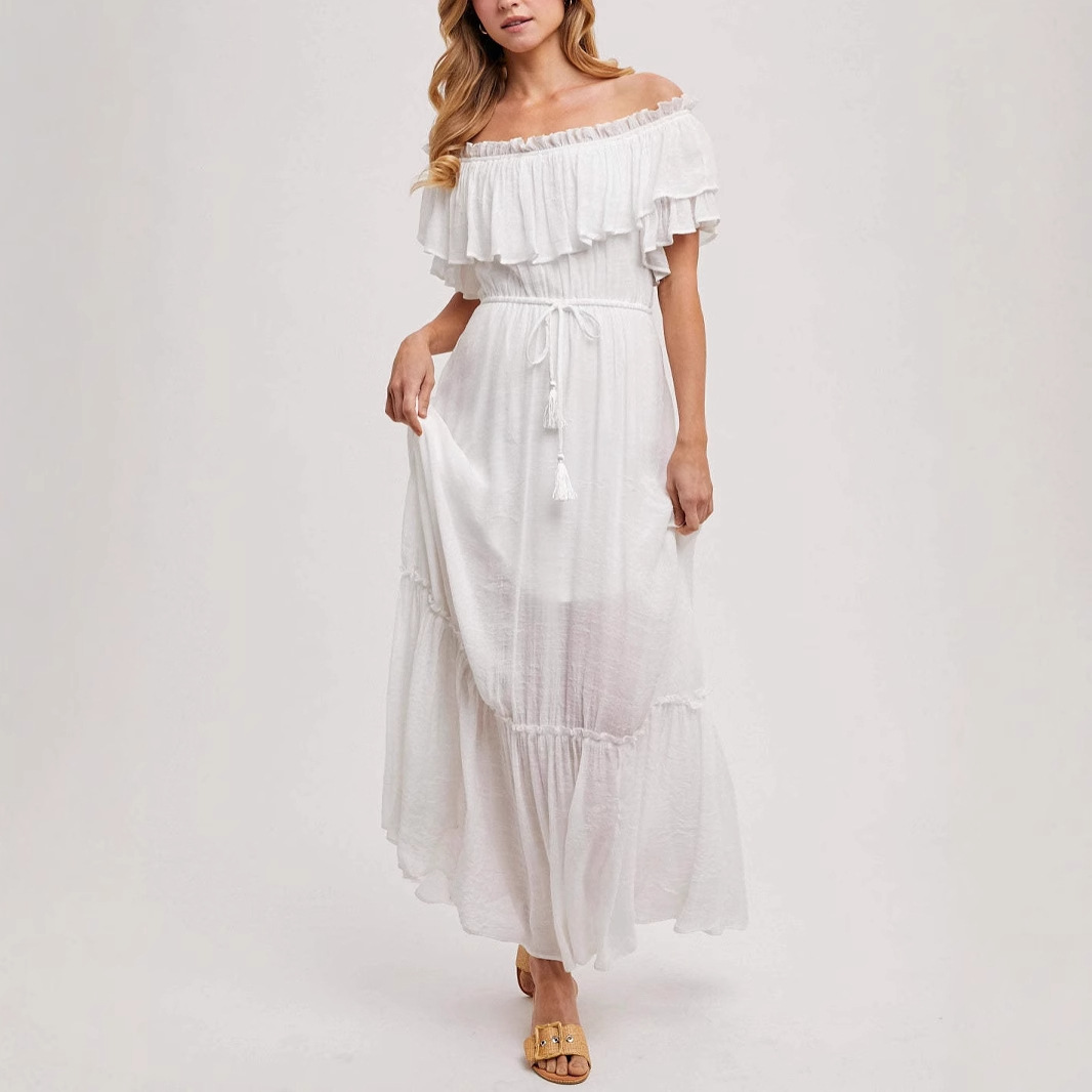 フリル オフショルダーフリルロング丈ワンピース