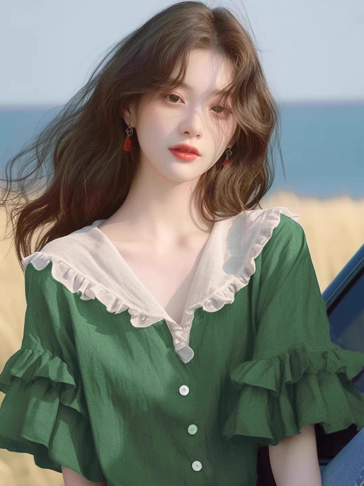 フリルブラウス 透け感ビッグカラー肩フリル袖ブラウス