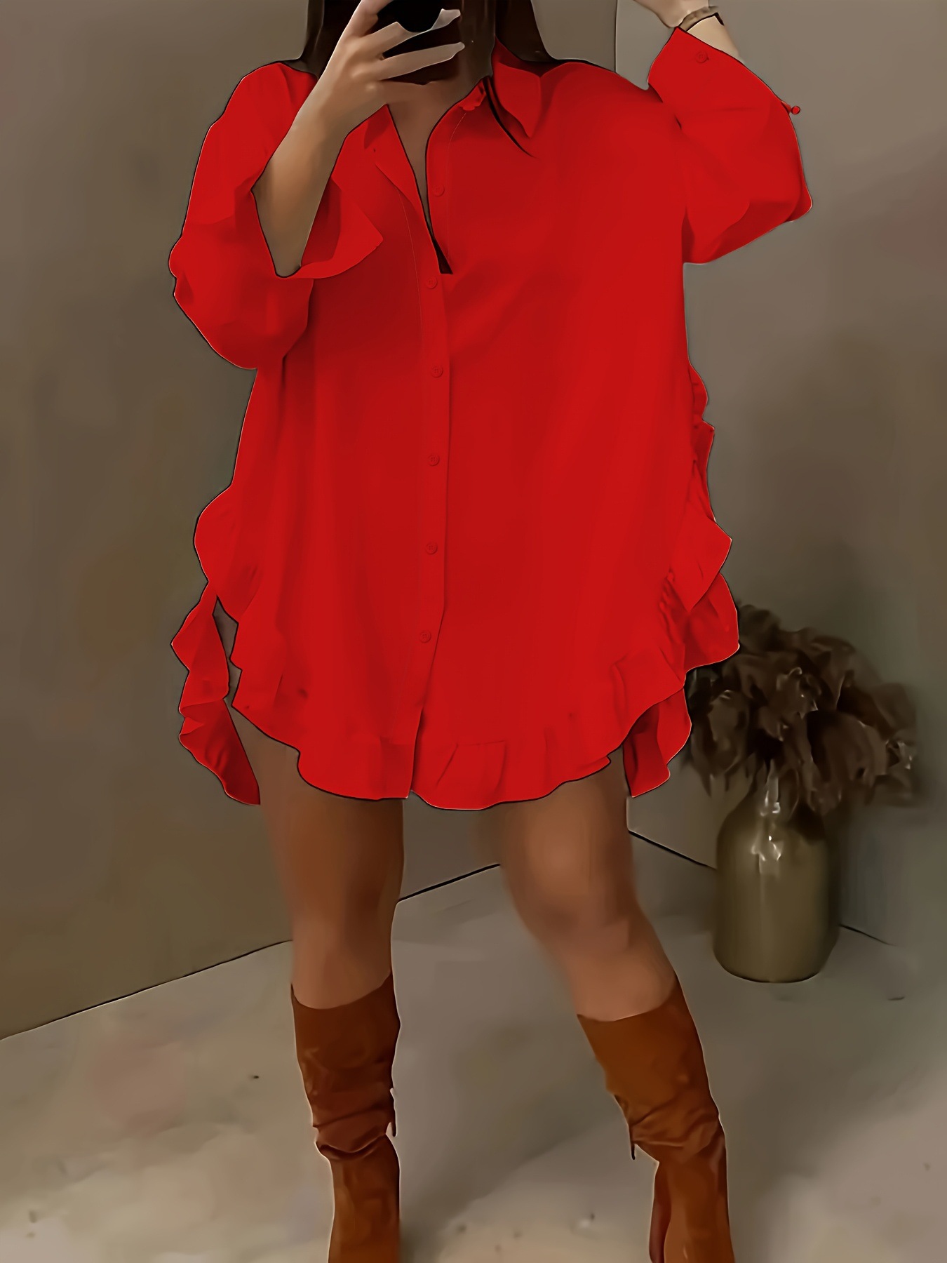  裾フリルデザインパフスリーブシャツブラウス