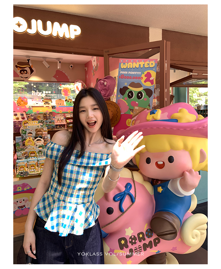 フリルブラウス 格子柄オフショルダー裾フリル付きブラウス