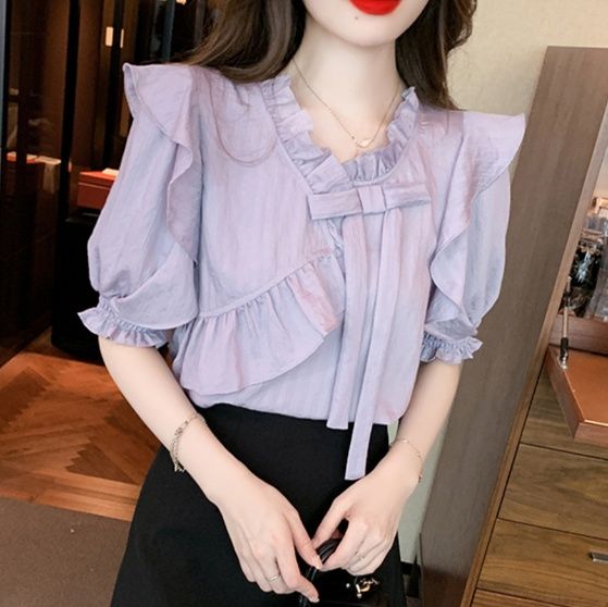 フリルブラウス 優美肩フリル リボン付きブラウス