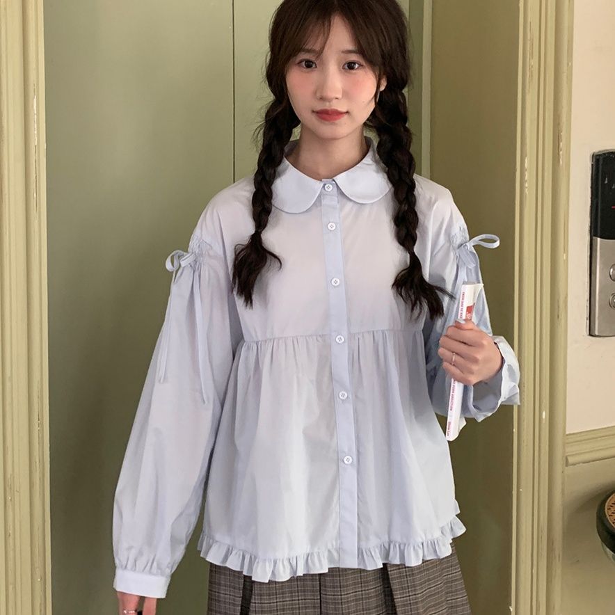 フリルブラウス 優美な丸襟裾フリルブラウス
