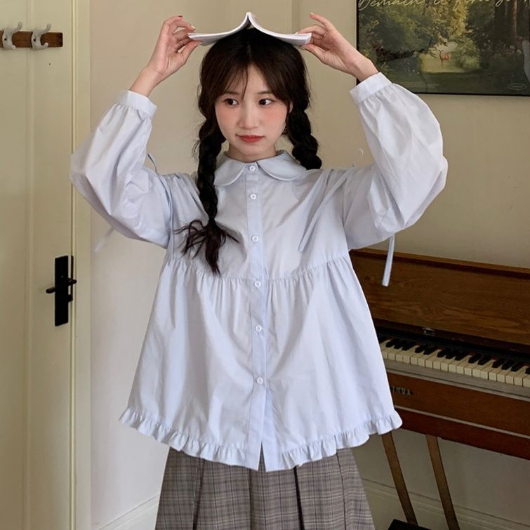 フリルブラウス 優美な丸襟裾フリルブラウス