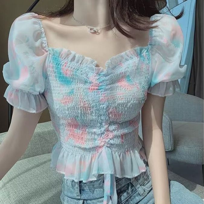 フリルブラウス 水彩画風シャーリングフリルブラウス