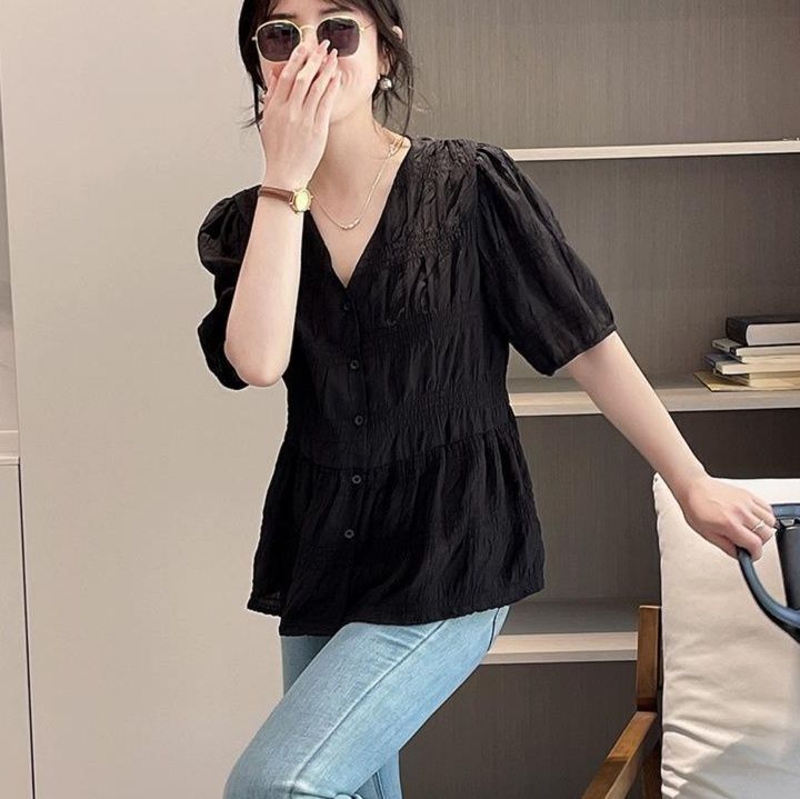 フリルブラウス 優美シャーリング胸元フリルブラウス