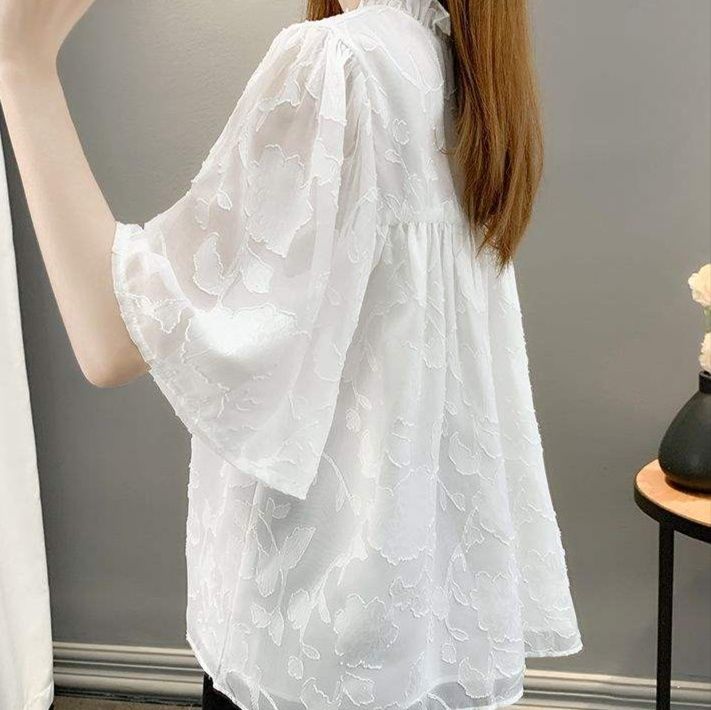 フリルブラウス 花柄シアー肩フリルブラウス