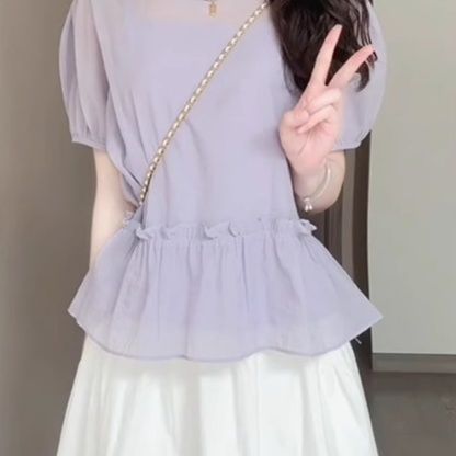 フリルブラウス 優美な裾フリルペプラムブラウス