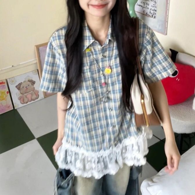 フリルブラウス 格子柄裾レース フリルブラウス