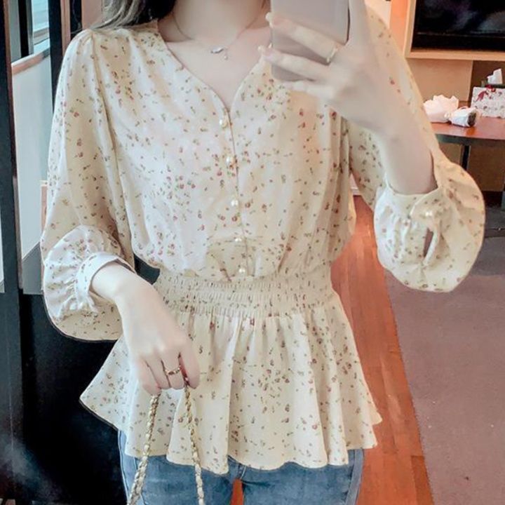 フリルブラウス 小花柄シフォン素材裾フリル長袖ブラウス