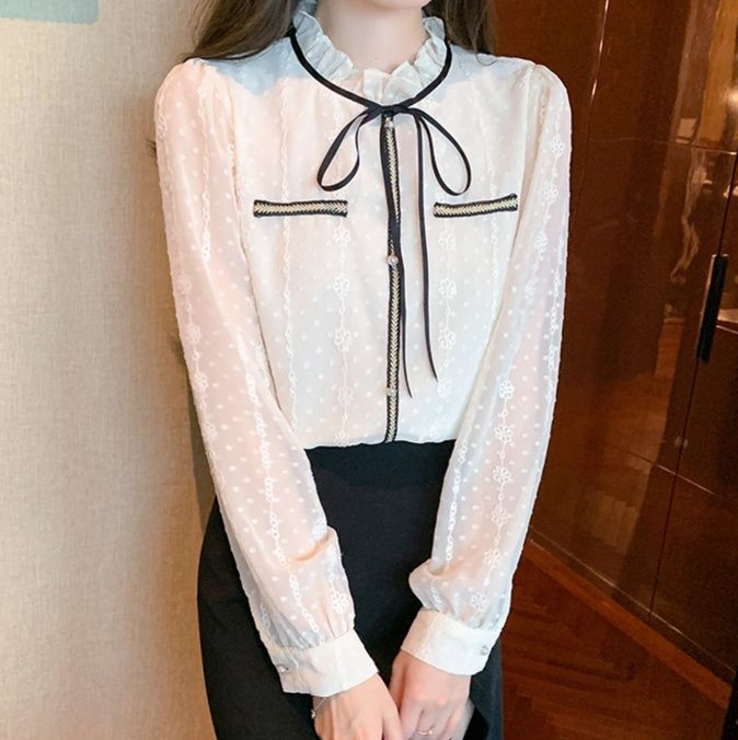 フリルブラウス リボン結び首元フリル付き長袖透け感ブラウス