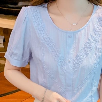 フリルブラウス 繊細刺繍レース胸元フリル半袖ブラウス